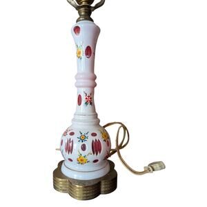 Vintage Cranberry Glass Boudoir Lamp Moser Cut Clear Enamel